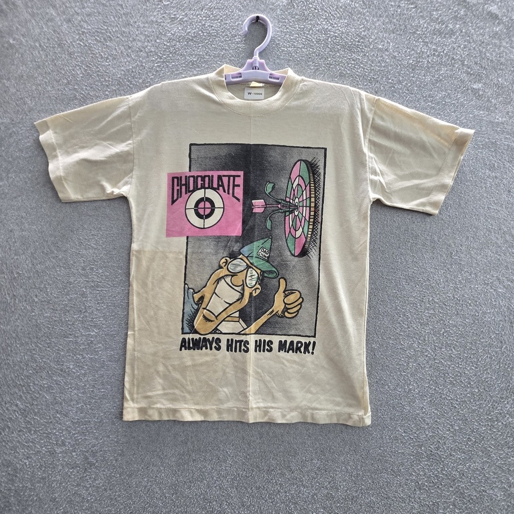 VINTAGE Chocolate Skateboards Men Shirt S Beige Single Stitch Darts Graphic